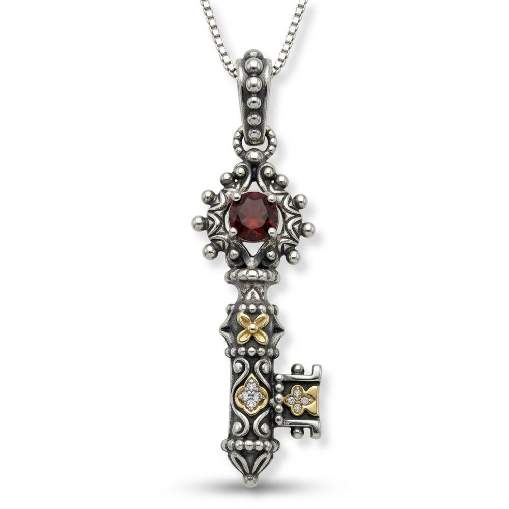Barbara Bixby 925 Sterling Silver 18K Gold Garnet Key Pendant Charm Enhancer